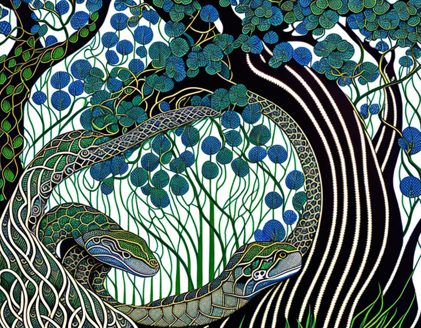 Stylized snake artwork with blue and green foliage and decorative background