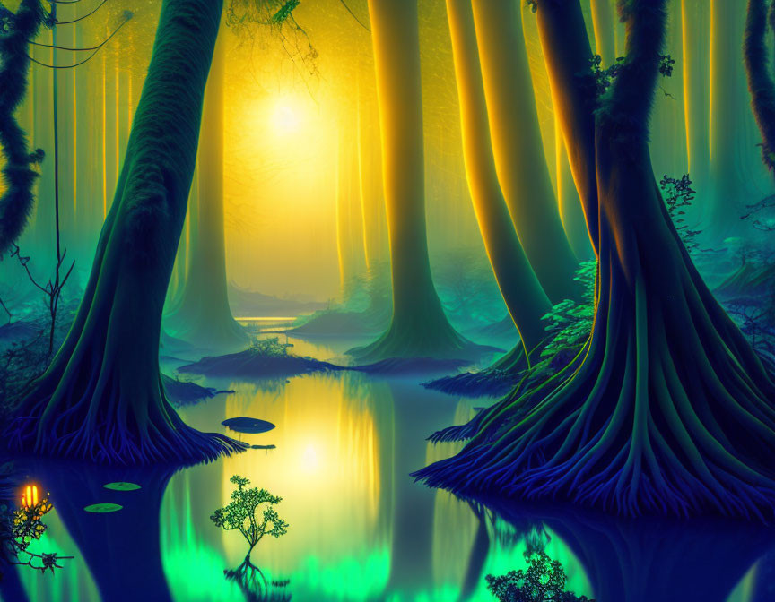 Vibrant blue and green mystical forest with large tree roots and glowing sunlight