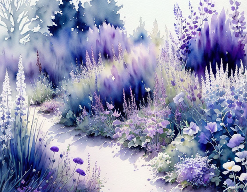 Lush Watercolor Painting of Vibrant Garden with Purple and White Flowers