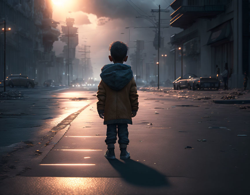 Lonely child in urban street at dusk.