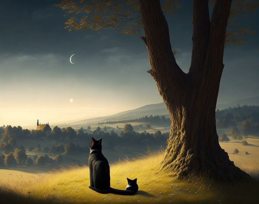 Tranquil twilight landscape with two cats under tree