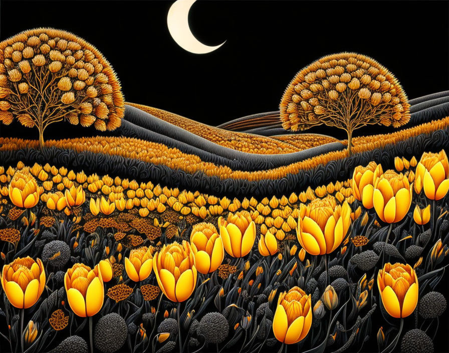 Vibrant yellow tulips in surreal landscape with golden trees and crescent moon