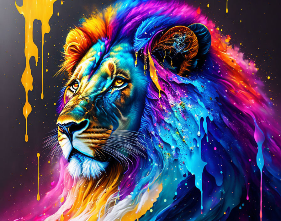 Colorful Lion Artwork in Paint-Drip Style on Dark Background