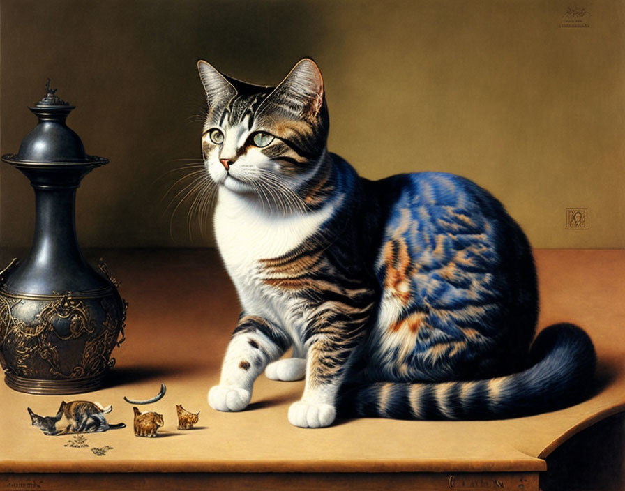 Realistic painting of tabby cat with decorative urn and cat figurines