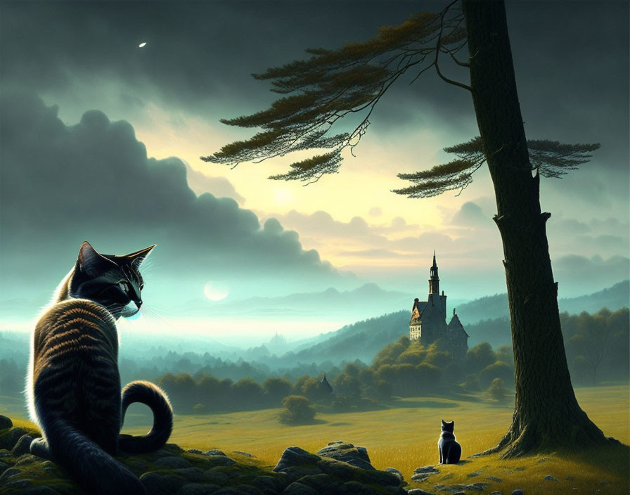 Majestic cat in dreamy landscape with castle and twilight sky