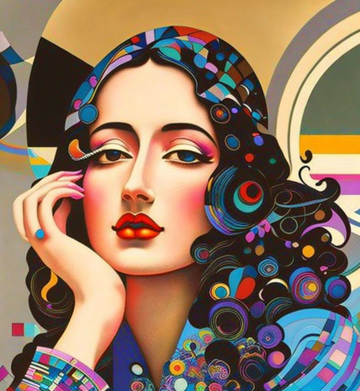 Vibrant stylized portrait of a woman with colorful patterns and red lips