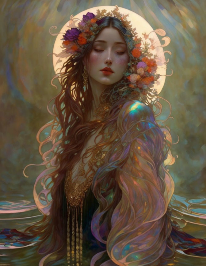 Illustrated woman with flowing hair and vibrant flowers in mystical setting