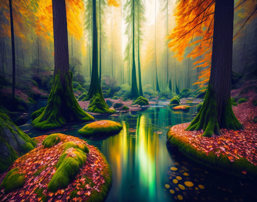 Serene autumn forest scene with mossy trees, river, fallen leaves