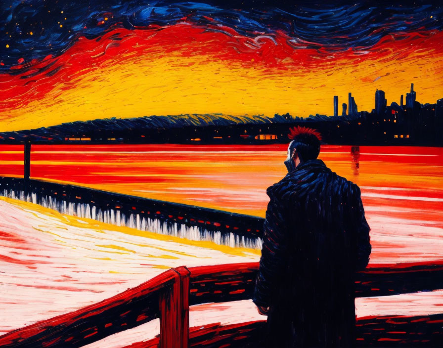 Person admires fiery sky reflected in water with city buildings.