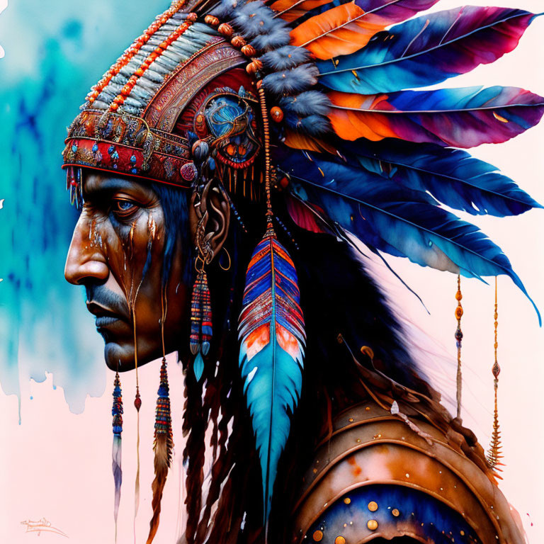 Vibrant portrait of a person wearing intricate Native American headdress