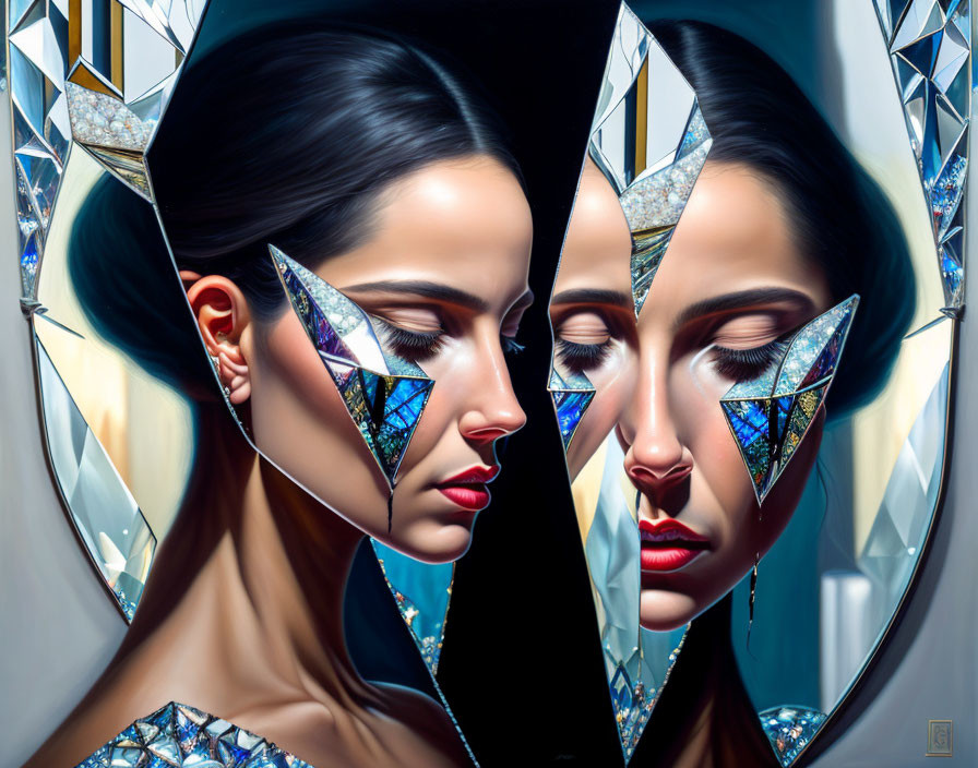 Symmetrical digital art portrait of a woman with geometric makeup