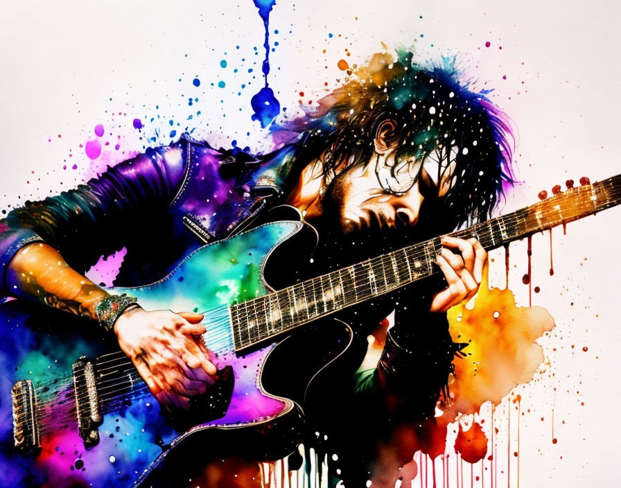 Colorful Watercolor Painting of Guitarist Playing