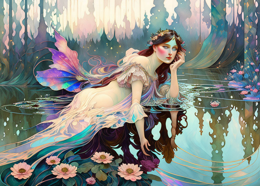 Pensive fairy with delicate wings on waterlily in colorful forest pond