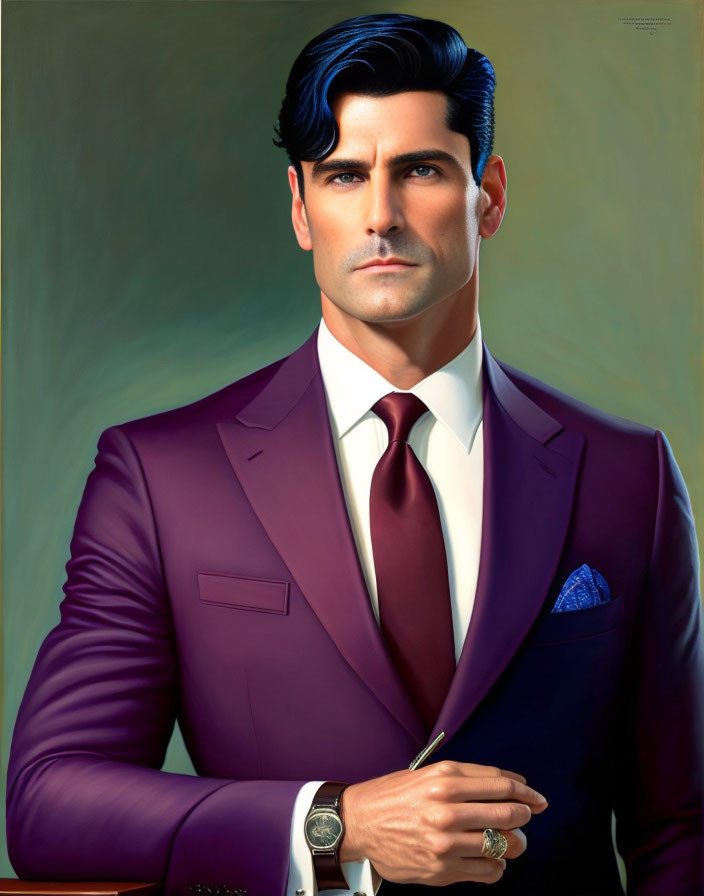 Stylized man portrait in purple suit, white shirt, and tie with watch and handkerchief