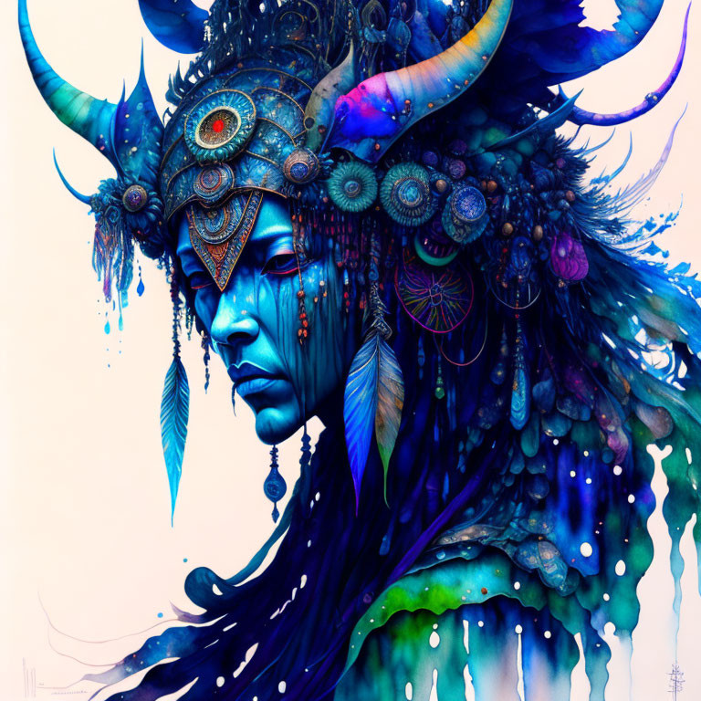 Fantastical figure with blue skin and ornate headgear in vibrant illustration