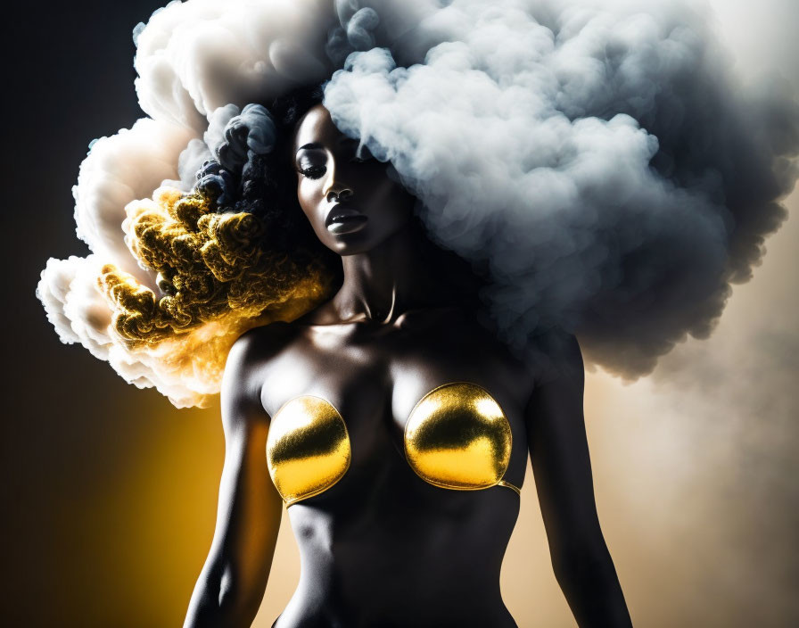 Dramatic portrait of woman with billowing smoke, golden color scheme, high contrast lighting