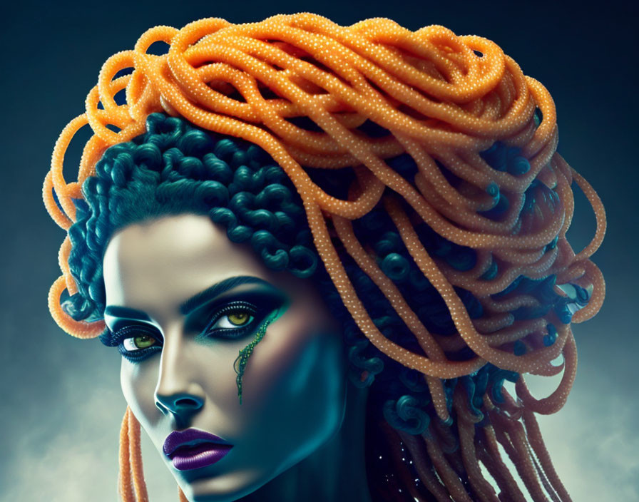 Digital artwork featuring woman with tentacle-like orange hair, green eyes, blue skin, and dark lips