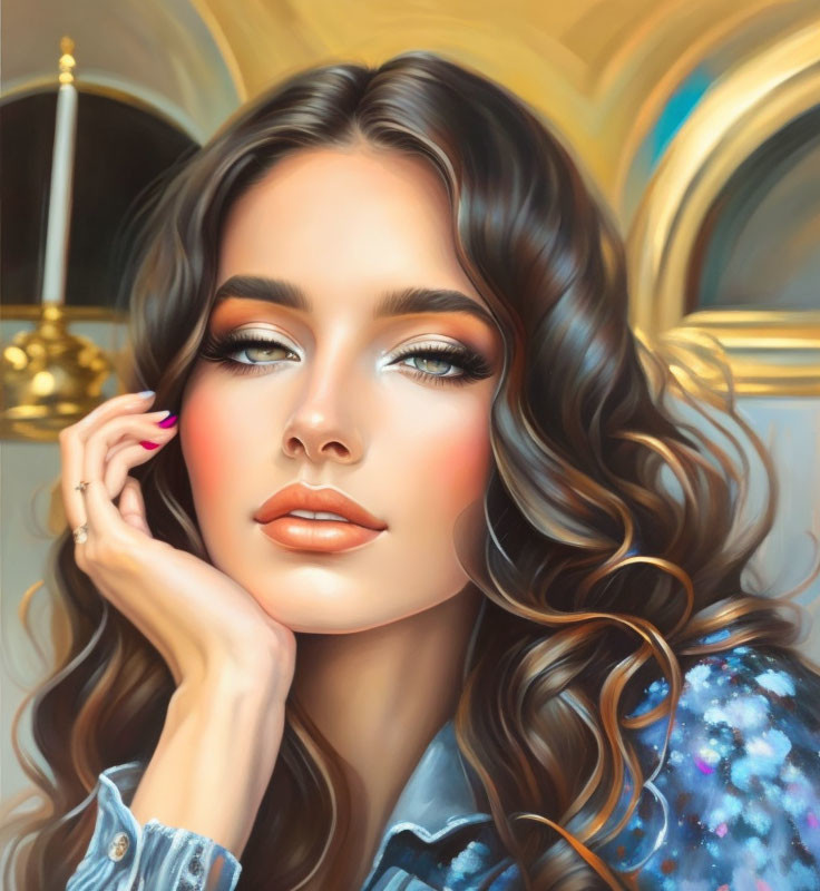 Portrait of woman with wavy brown hair and sequined blue top resting chin on hand