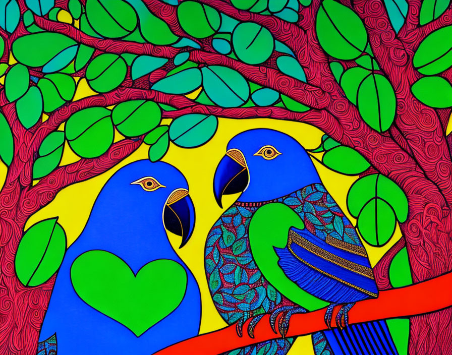 Colorful Stylized Parrots with Heart Shape on Red Background