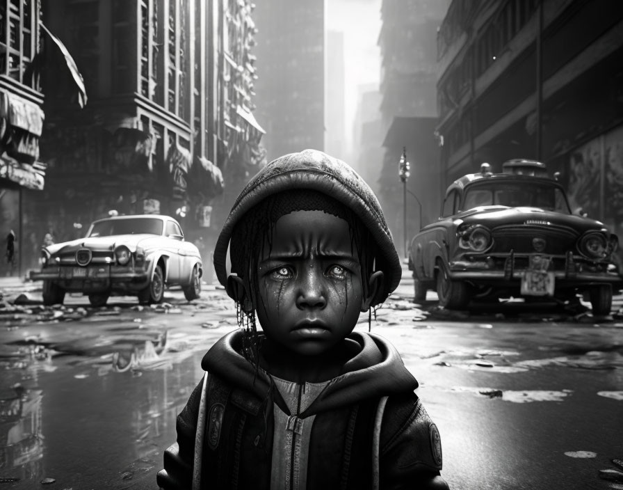 Monochrome image: Child with glowing eyes in post-apocalyptic cityscape