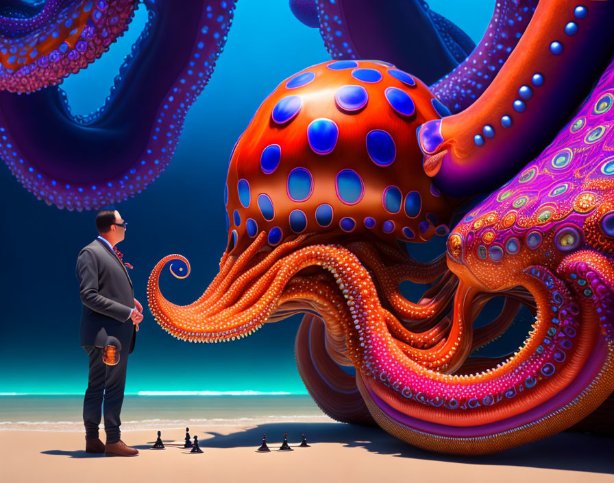 Man in suit on beach with giant octopus and surreal chess pieces