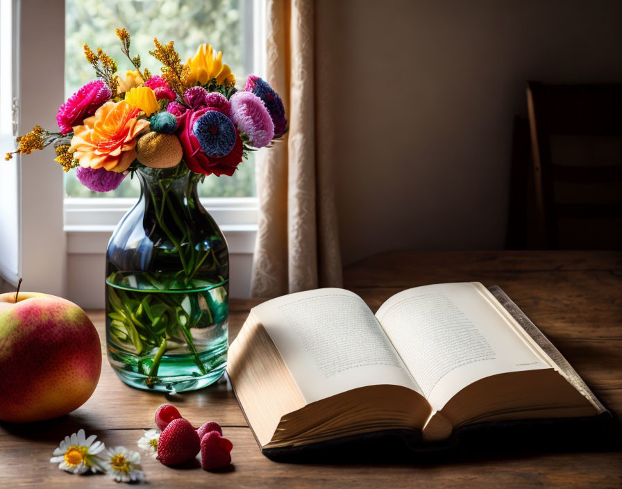 Colorful bouquet, open book, fruits on table in natural light