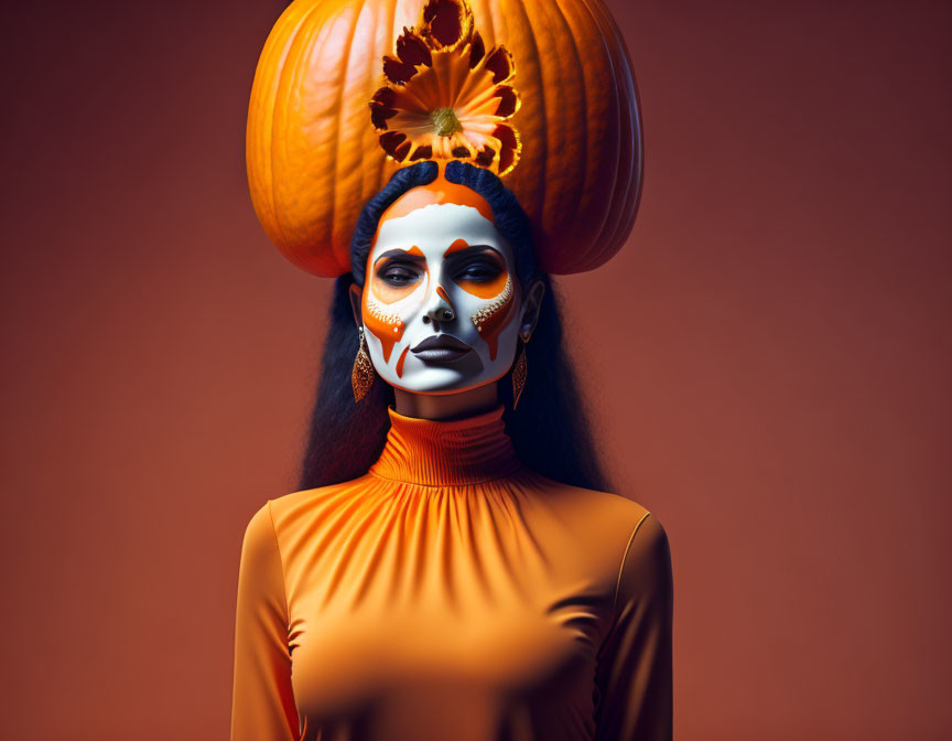 Woman with Skull Face Paint and Pumpkin Hat on Warm Background