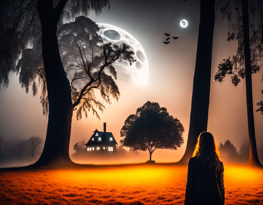 Misty Nocturnal Landscape with Glowing House and Moon