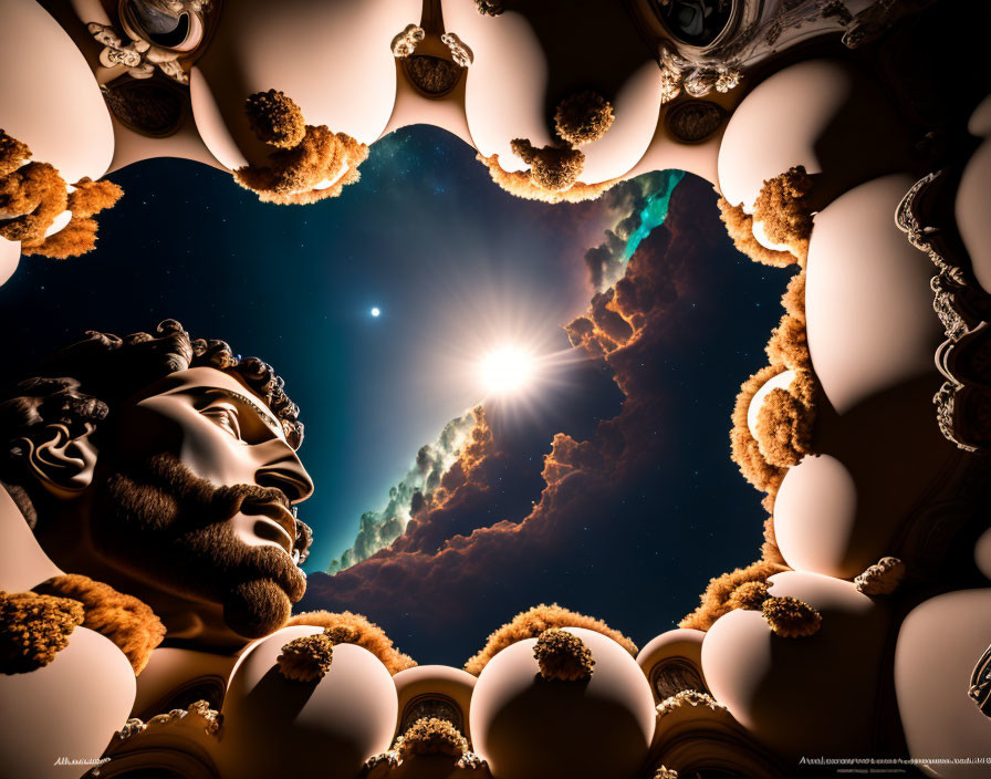 Surreal digital artwork: classical sculptures, cosmic background, fractal elements