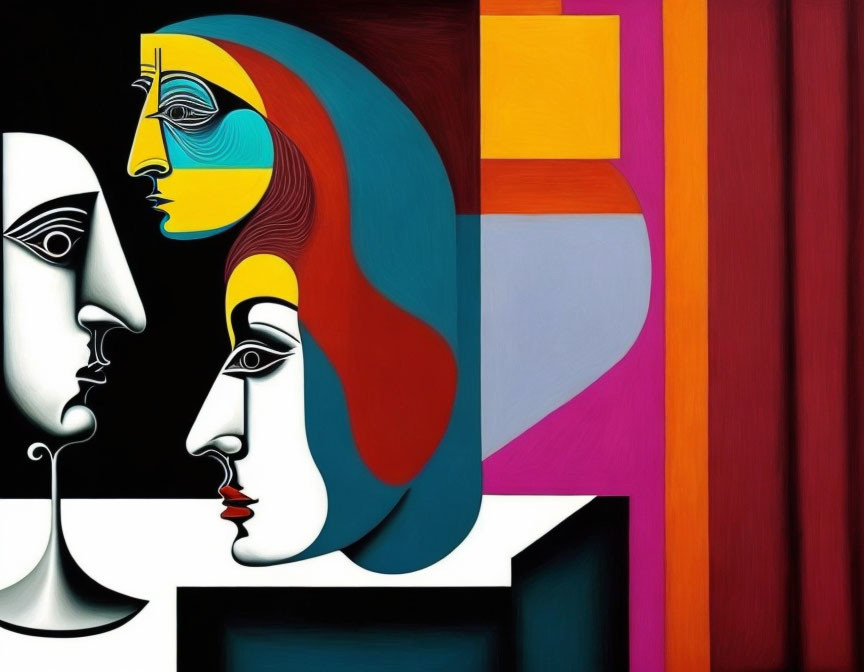 Vibrant abstract art: Four faces in geometric shapes and bold colors