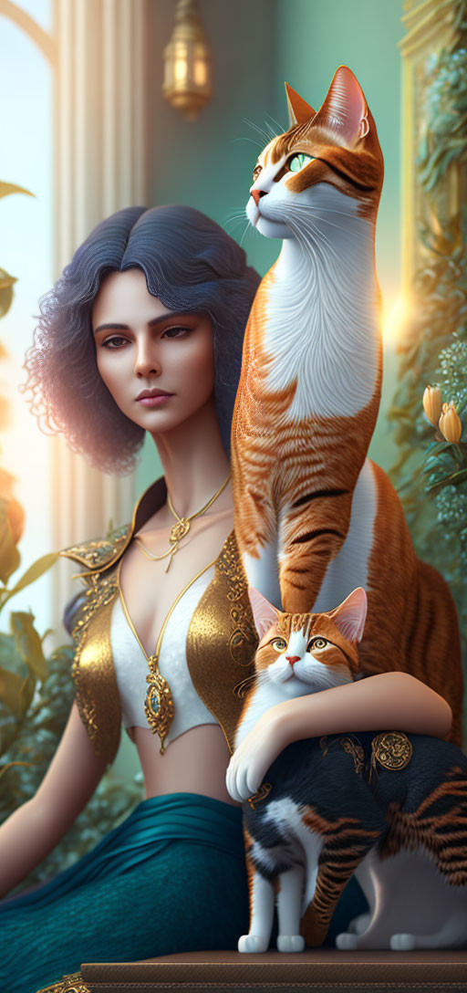 Digital artwork featuring woman with blue-grey hair, two orange tabby cats, and floral background