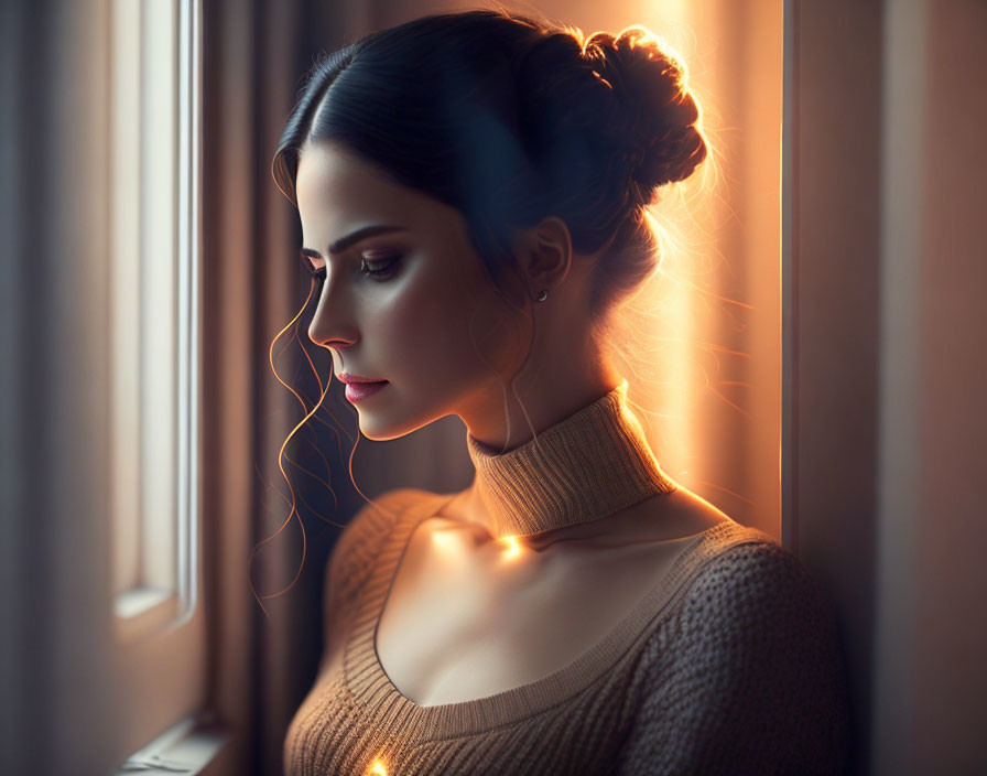 Portrait of a woman with bun hairstyle by window in warm light