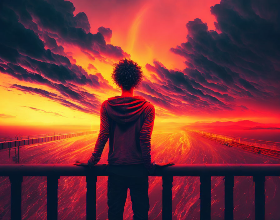 Person facing dramatic sunset over bridge and fiery skies