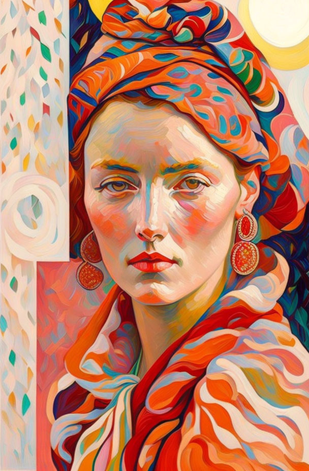 Colorful abstract digital artwork: Woman with red headscarf and earrings