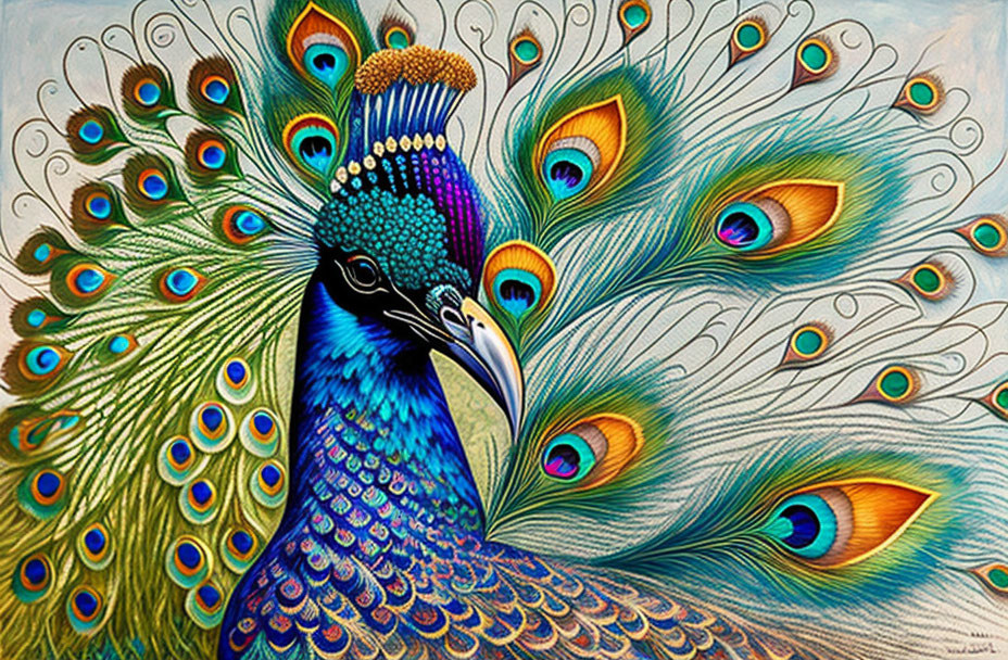 Vibrant peacock painting with blues, greens, and gold feathers