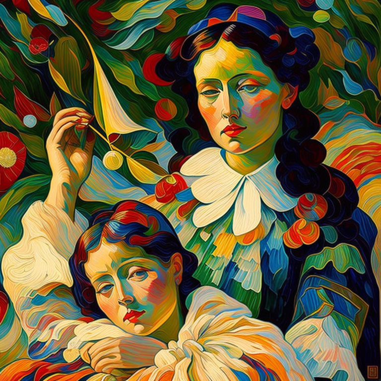 Two figures in wistful expressions amid vibrant, swirling colors reminiscent of Van Gogh.