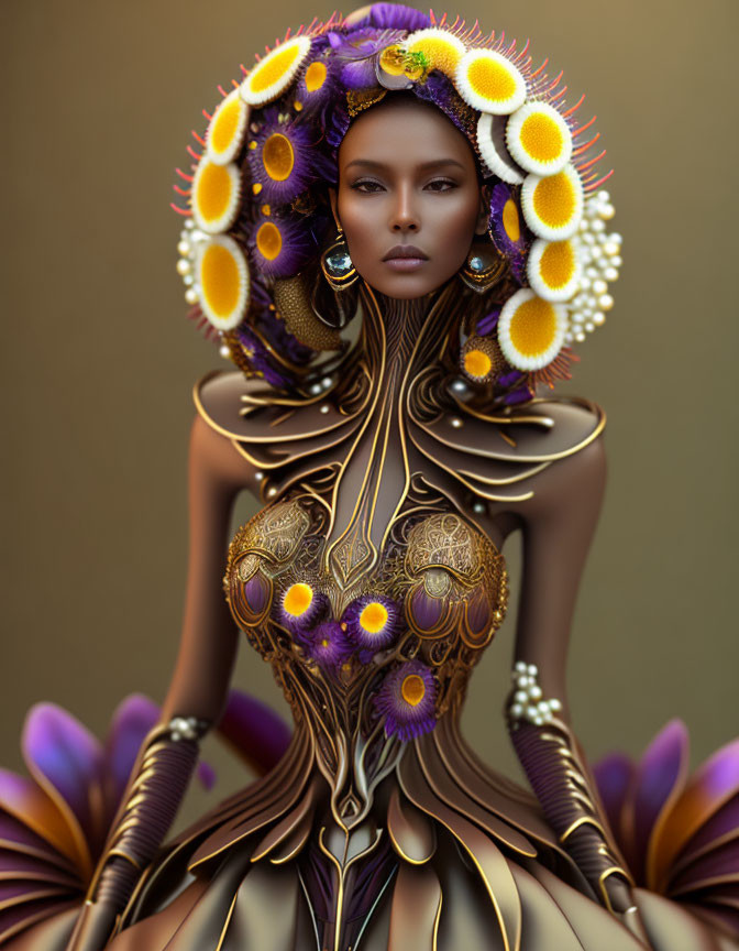 Fantasy digital artwork: Woman in ornate armor with floral headdress