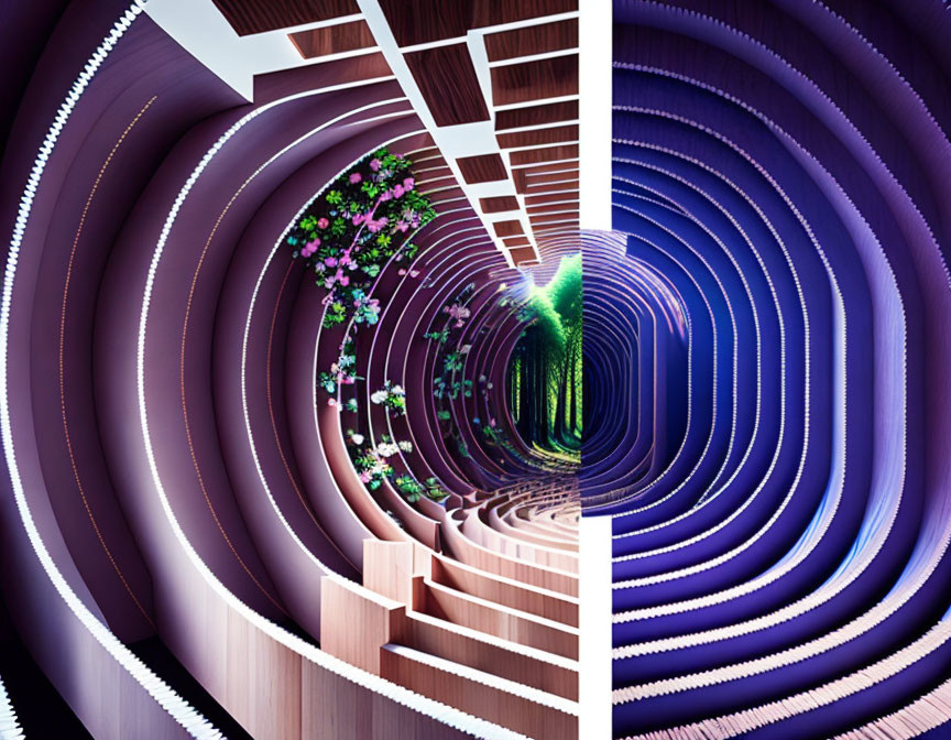 Digitally altered image of split spiral structure with staircase and vortex.