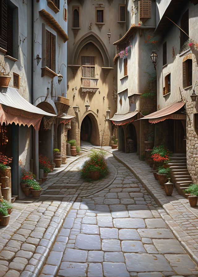 Rustic cobblestone alley in old-world village