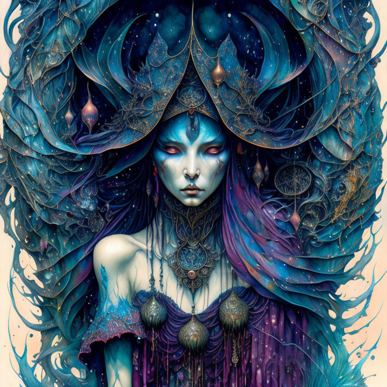 Detailed mystical female figure with blue skin and cosmic-themed headdress