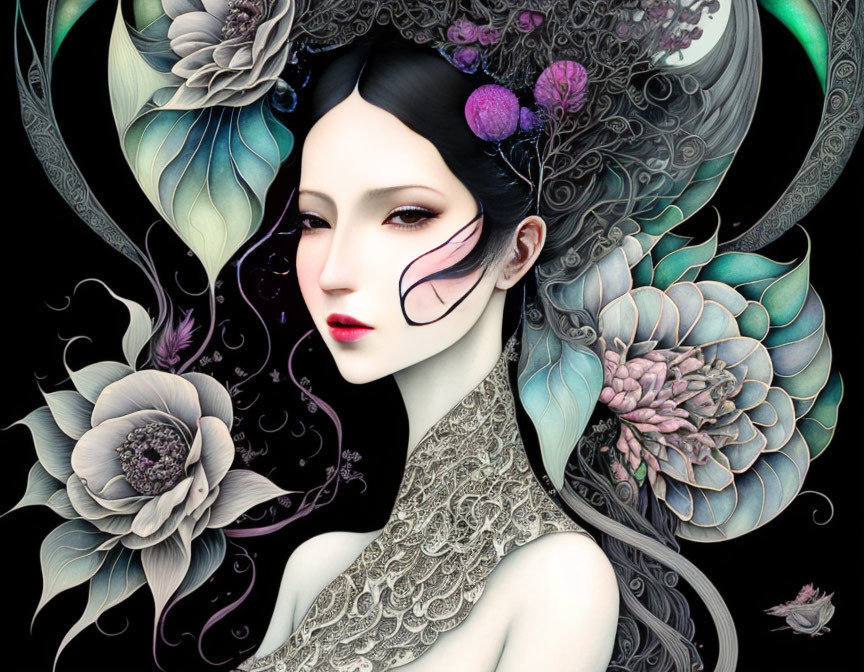 Pale-skinned woman with black hair surrounded by floral halo in artistic illustration