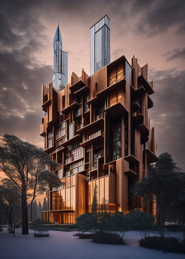 Modern wooden building with boxy protrusions in urban setting at dusk