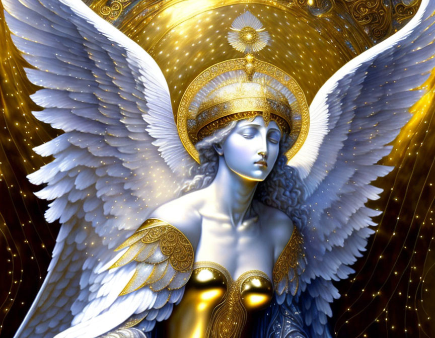 Angel with White Wings in Golden Armor and Halo on Celestial Background