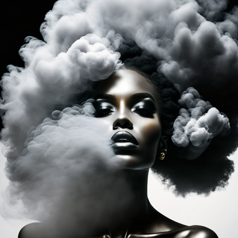 Portrait of woman with dark makeup and voluminous hair blending into smoke