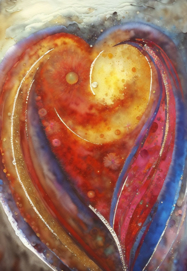 Vibrant abstract painting of a cosmic heart in red, blue, and yellow swirls