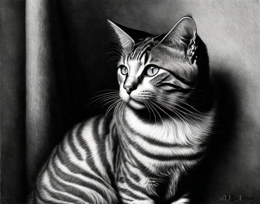 Monochrome cat with bold stripes gazing sideways on textured background