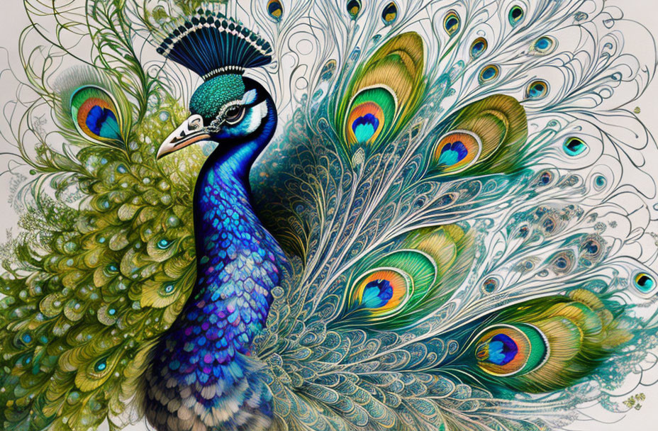 Colorful Peacock Displaying Iridescent Tail Feathers on White Background