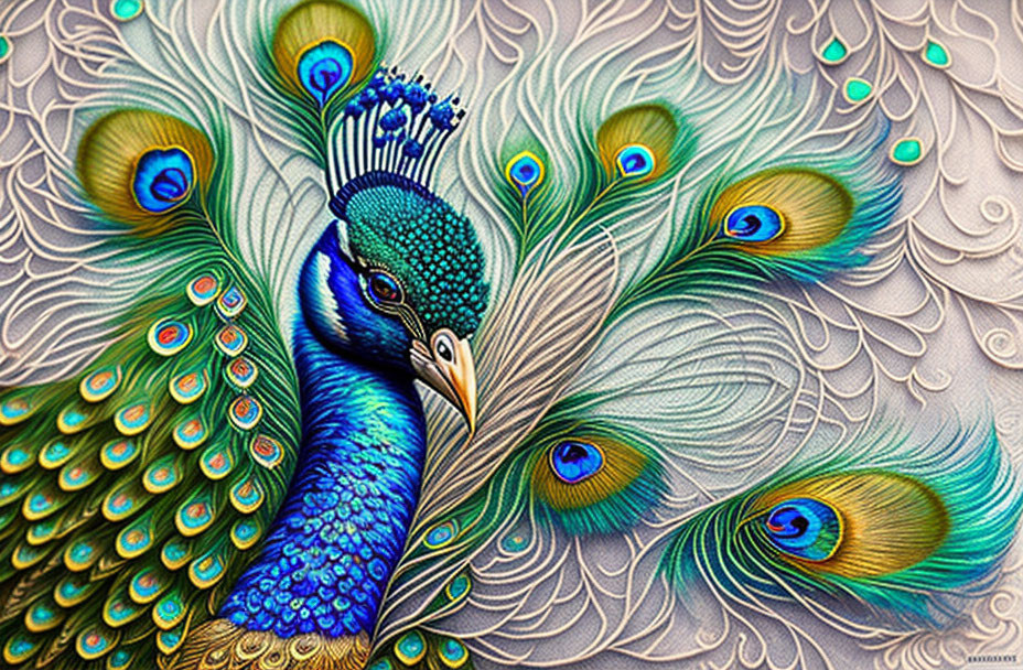 Colorful Peacock Illustration with Elaborate Tail Feathers