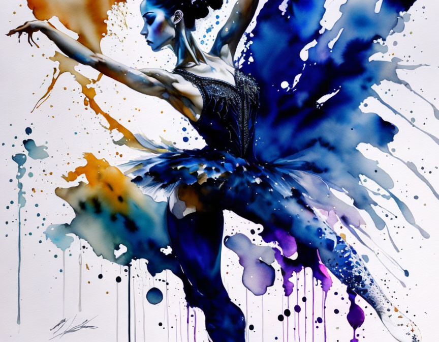 Ballet dancer portrayed in dynamic watercolor splash