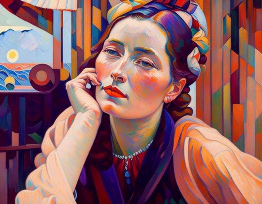 Colorful Abstract Portrait of Woman with Thoughtful Expression